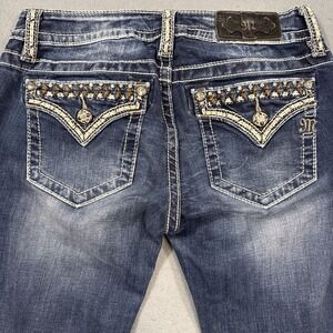 JEANS Miss Me Denim Blue Women 28 Signature Boot Cut Aztec THICK STITCH TRIBAL